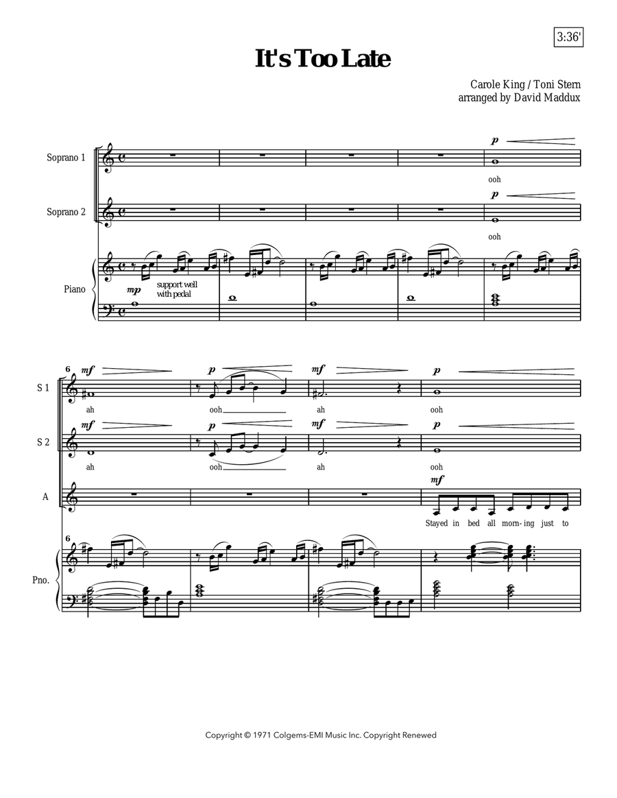 It's Too Late by Carole King SSAA - Digital Sheet Music