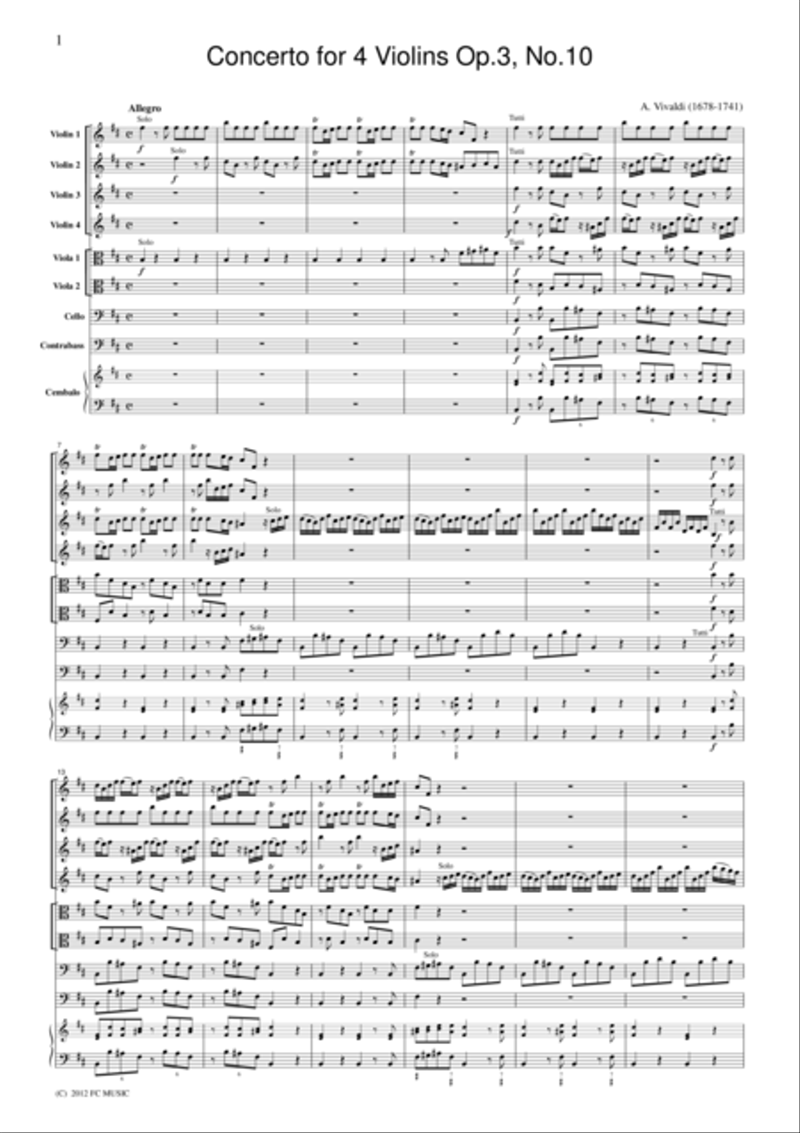 Vivaldi Concerto for 4 Violins Op.3, No.10, for string orchestra, SV005 String Quartet scores gallery preview page 1