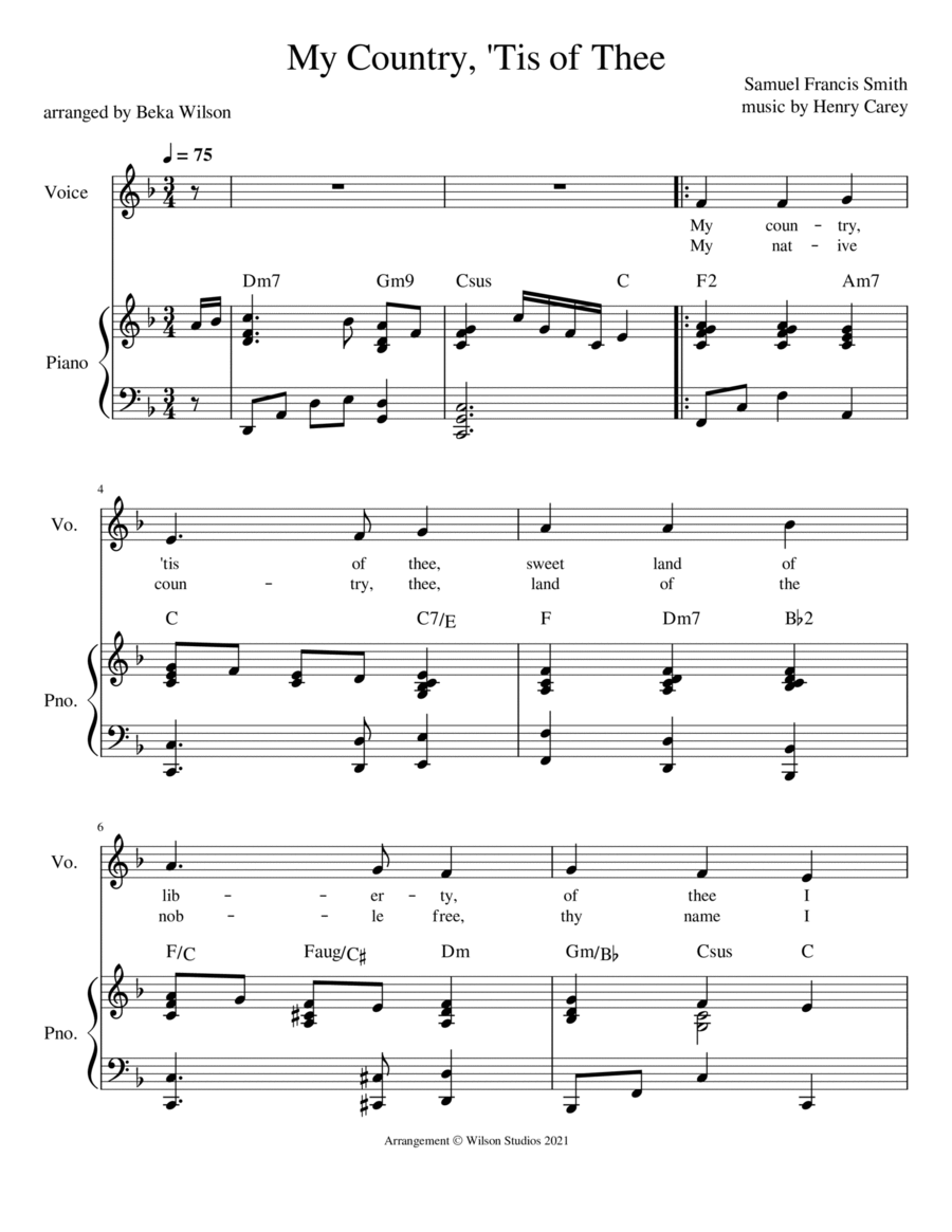 America (My Country 'Tis of Thee)--vocal solo (treble clef) Soprano Voice scores gallery preview page 1