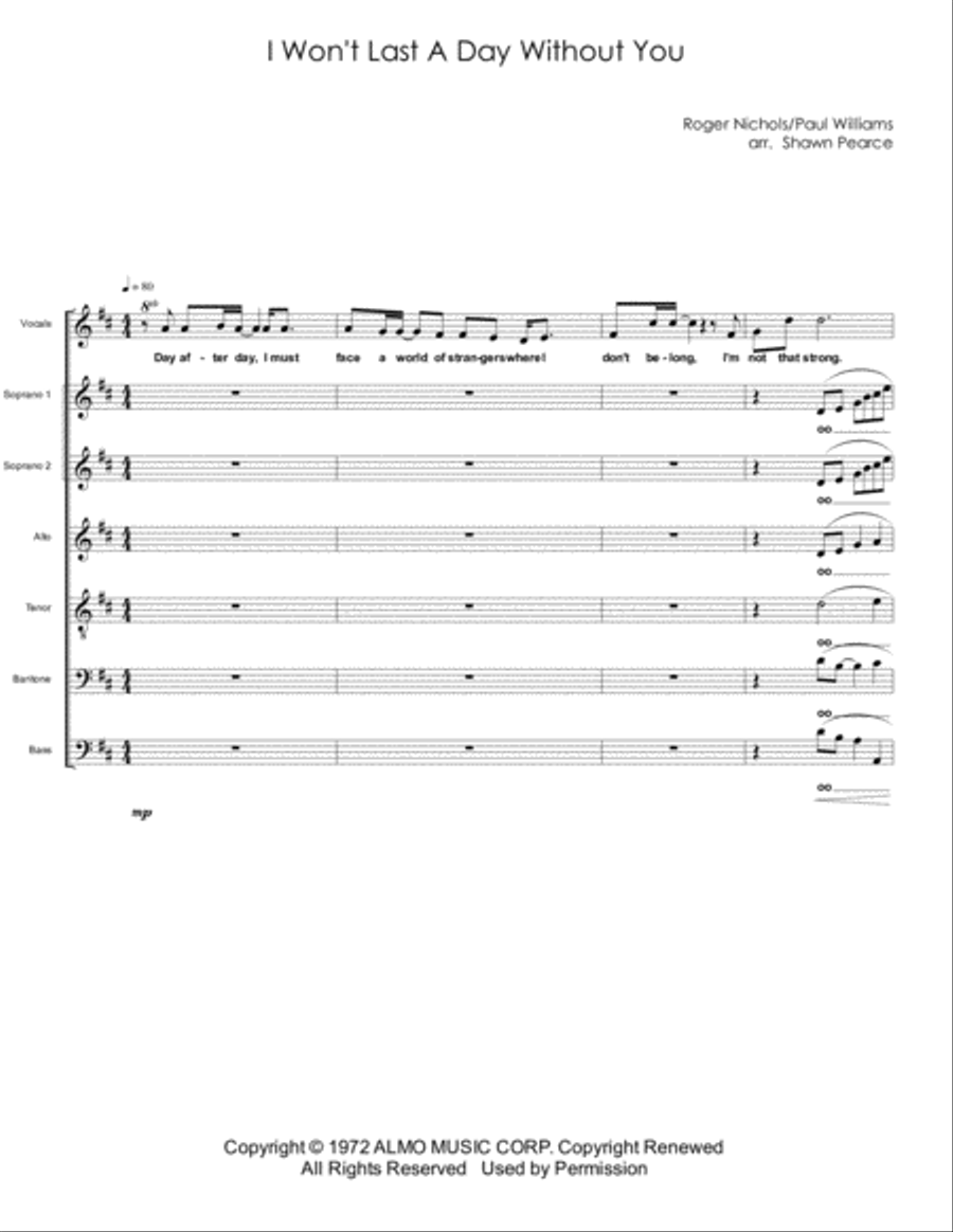 I Won't Last A Day Without You 4-Part scores gallery preview page 1