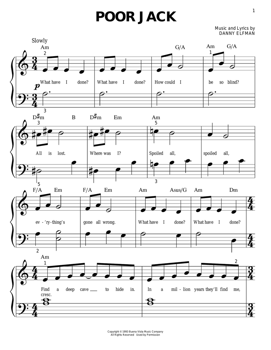 Poor Jack (from The Nightmare Before Christmas) Easy Piano scores gallery preview page 1