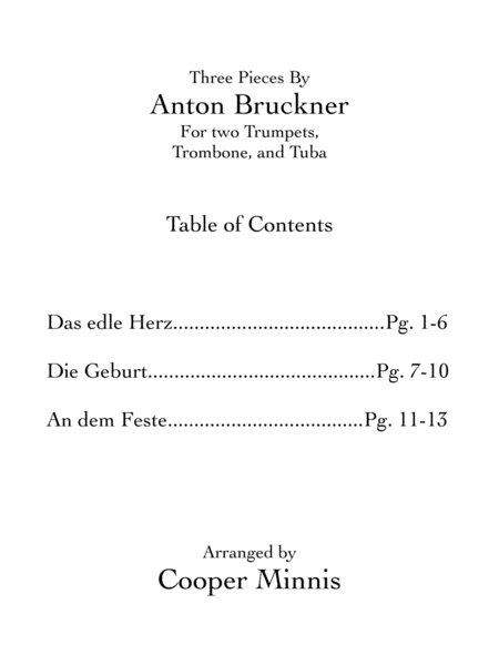 Three Pieces by Anton Bruckner: Two Trumpets, Trombone, and Tuba- Full Scores
