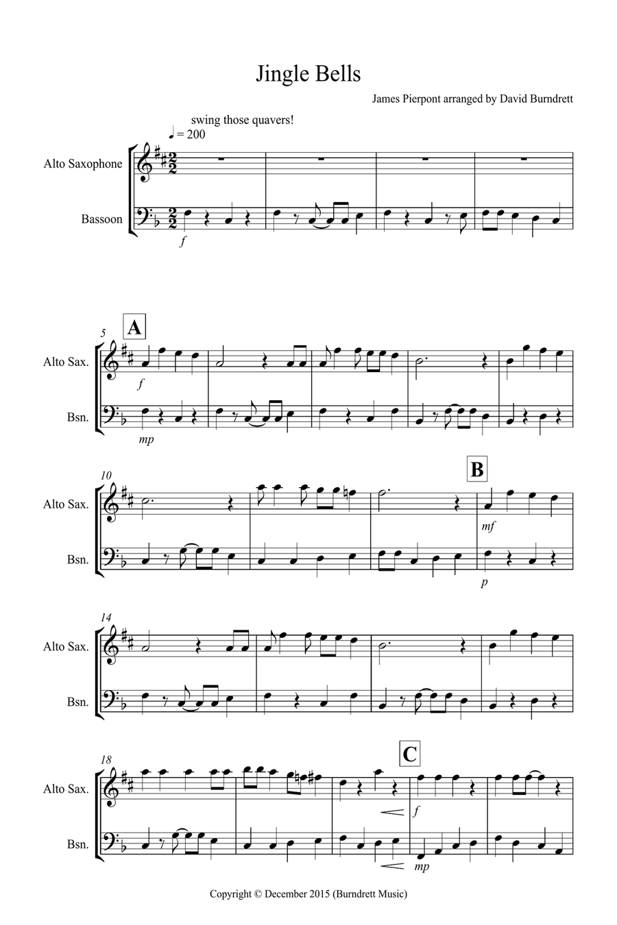 Jingle Bells (Jazzy Style!) for Alto Saxophone and Bassoon Duet Woodwind Duet scores gallery preview page 1