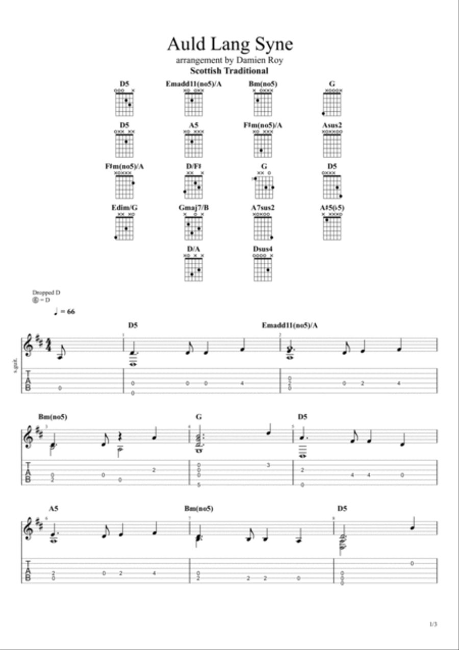 Auld Lang Syne for fingerstyle guitar Acoustic Guitar scores gallery preview page 1