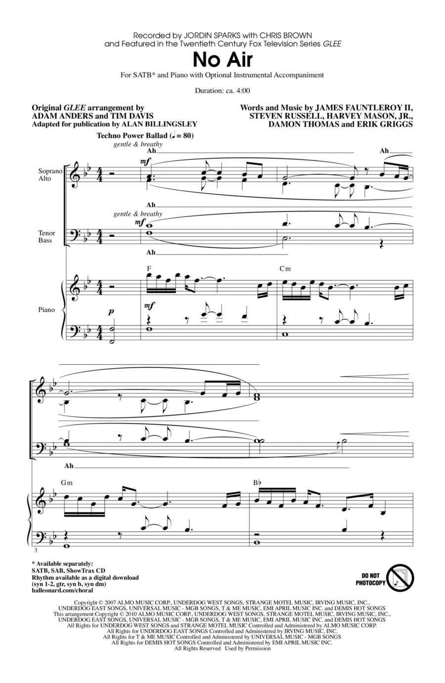 No Air (from Glee) (adapt. Alan Billingsley) 4-Part scores gallery preview page 1