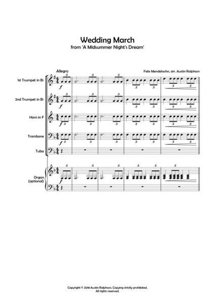Wedding March (from "A Midsummer Night's Dream") by Mendelssohn - brass quintet with optional organ image number null