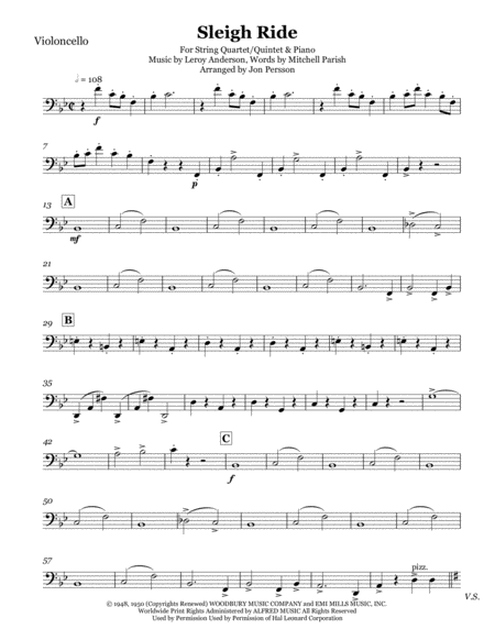 Sleigh Ride - String Quartet/Quintet & Piano - Violoncello image number null