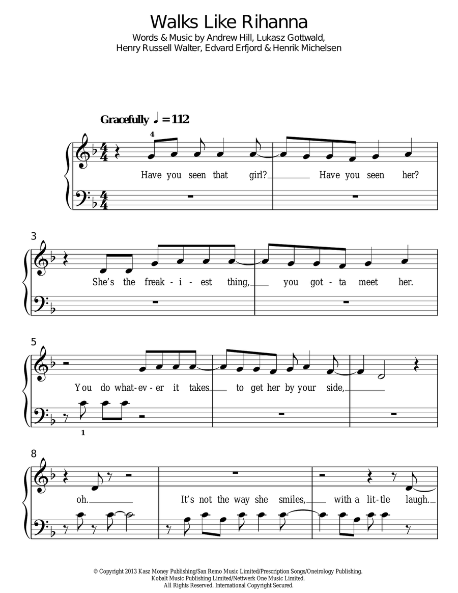 Walks Like Rihanna Easy Piano scores gallery preview page 1
