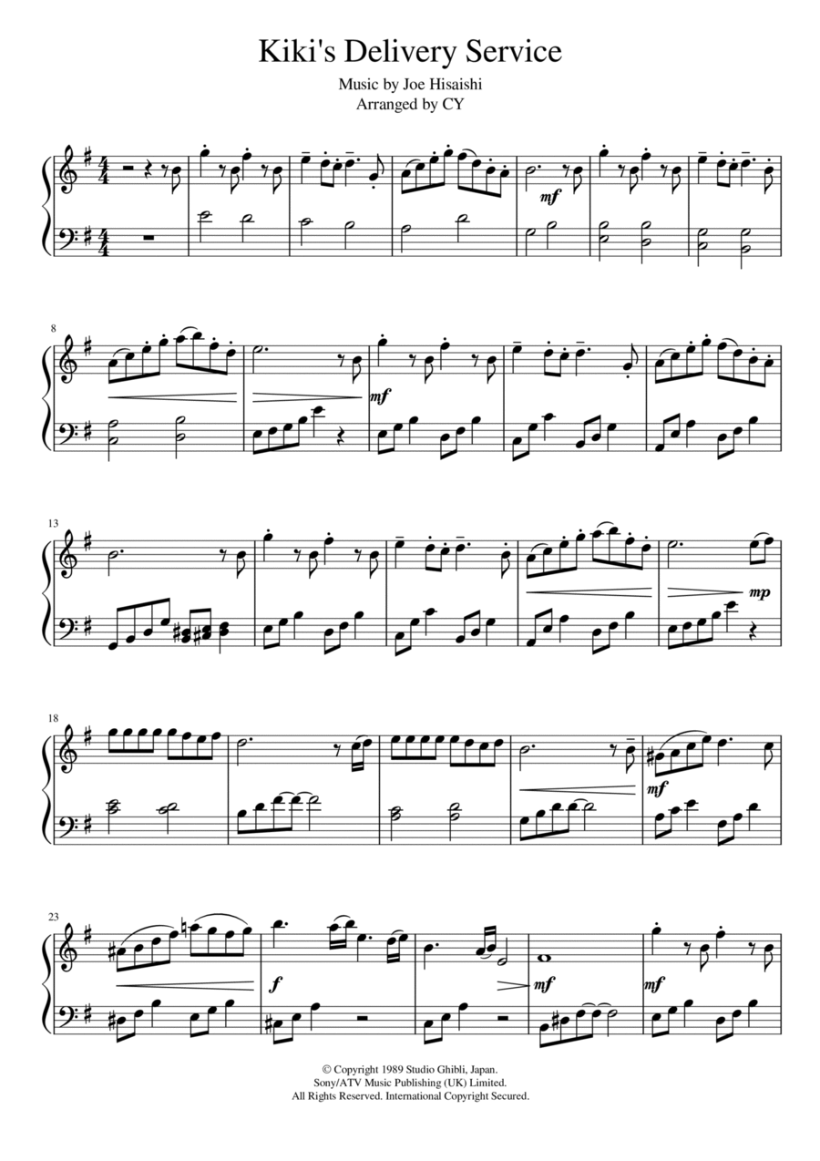 Kiki's Delivery Service (on A Clear Day) Piano Solo scores gallery preview page 1