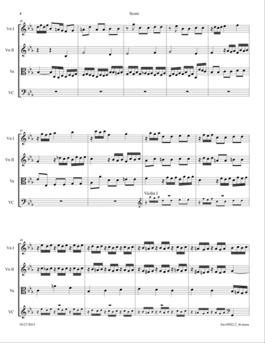 Bach: Fugue in c BWV 582 Arranged for String Quartet. String Quartet scores gallery preview page 4