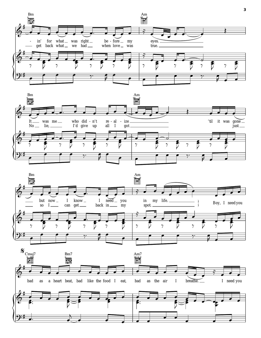 Need U Bad Piano, Vocal, Guitar scores gallery preview page 3