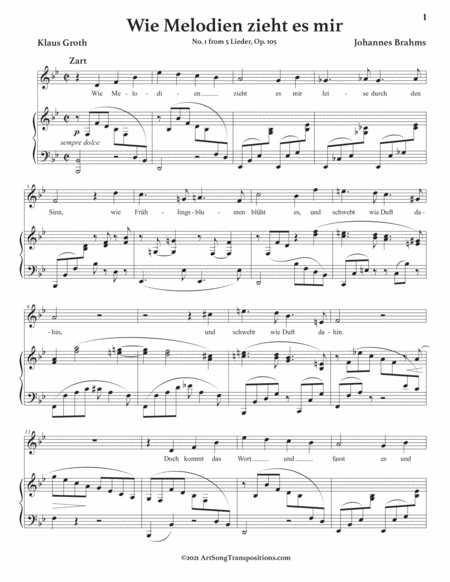BRAHMS: Wie Melodien zieht es mir, Op. 105 no. 1 (transposed to B-flat major)