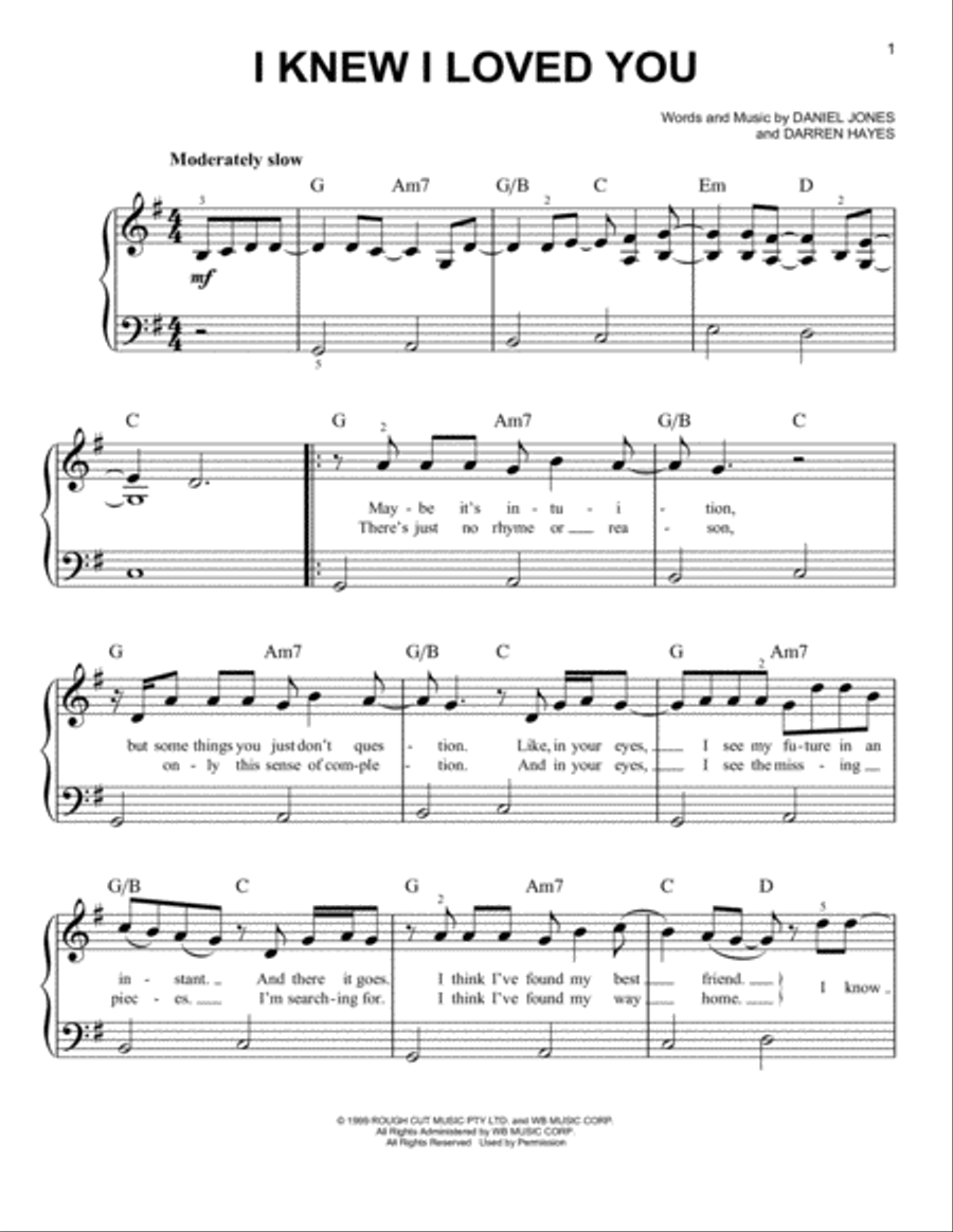 I Knew I Loved You Easy Piano scores gallery preview page 1
