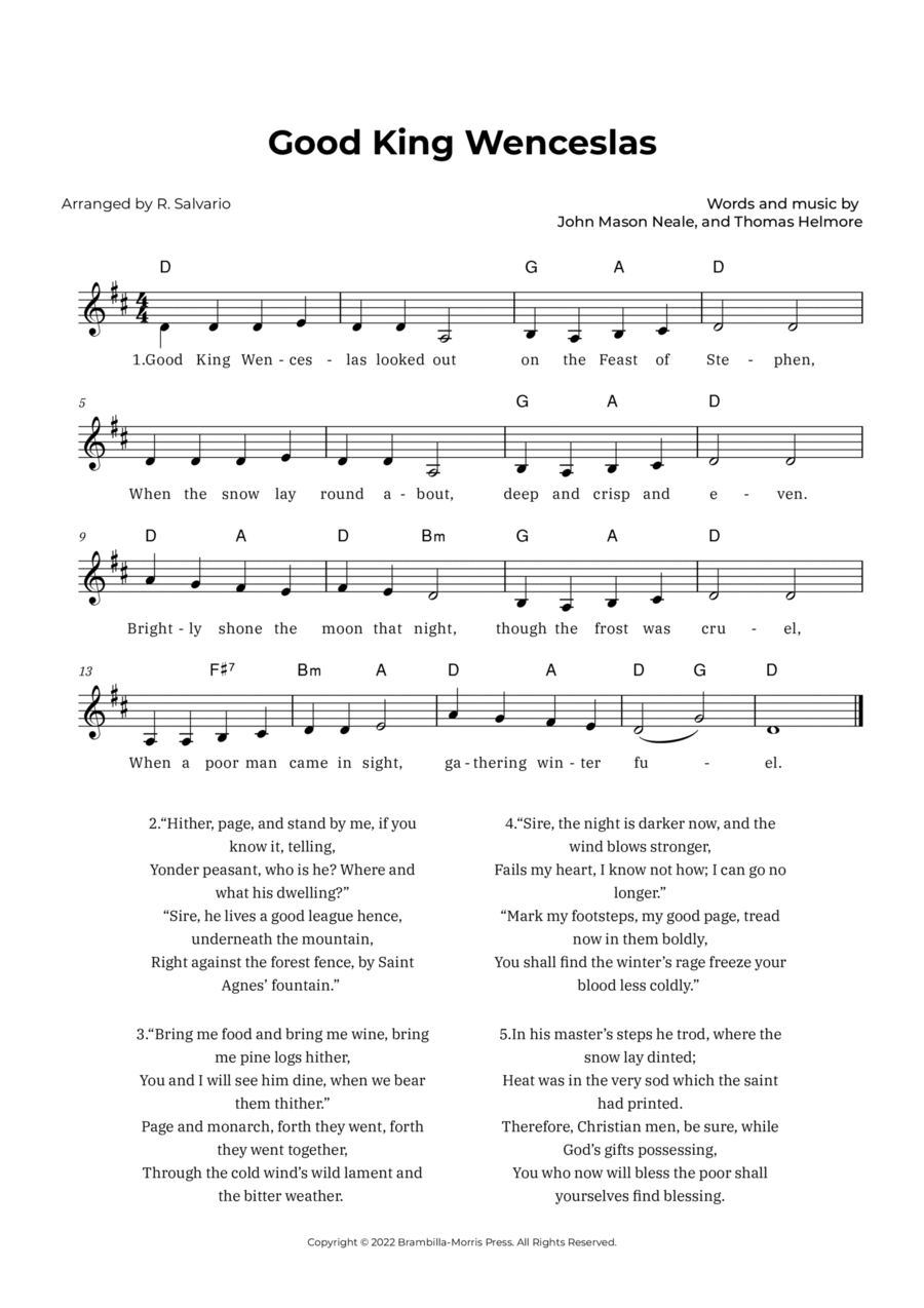 Good King Wenceslas (Key of D Major) Easy Piano scores gallery preview page 1