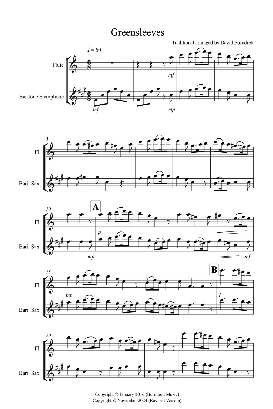 Greensleeves for Flute and Baritone Saxophone Duet Woodwind Duet scores gallery preview page 1