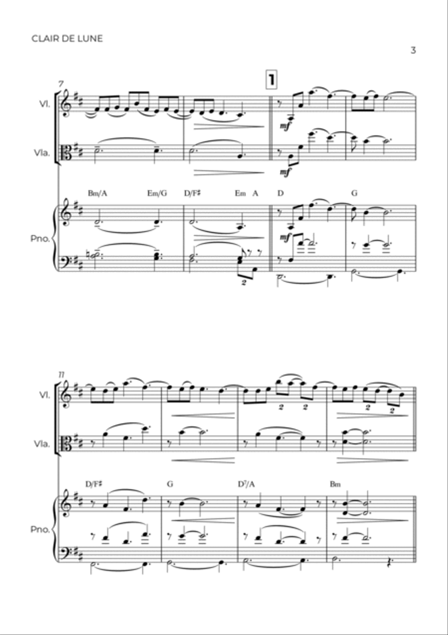 CLAIR DE LUNE - STRING PIANO TRIO (VIOLIN, VIOLA & PIANO) Viola scores gallery preview page 3