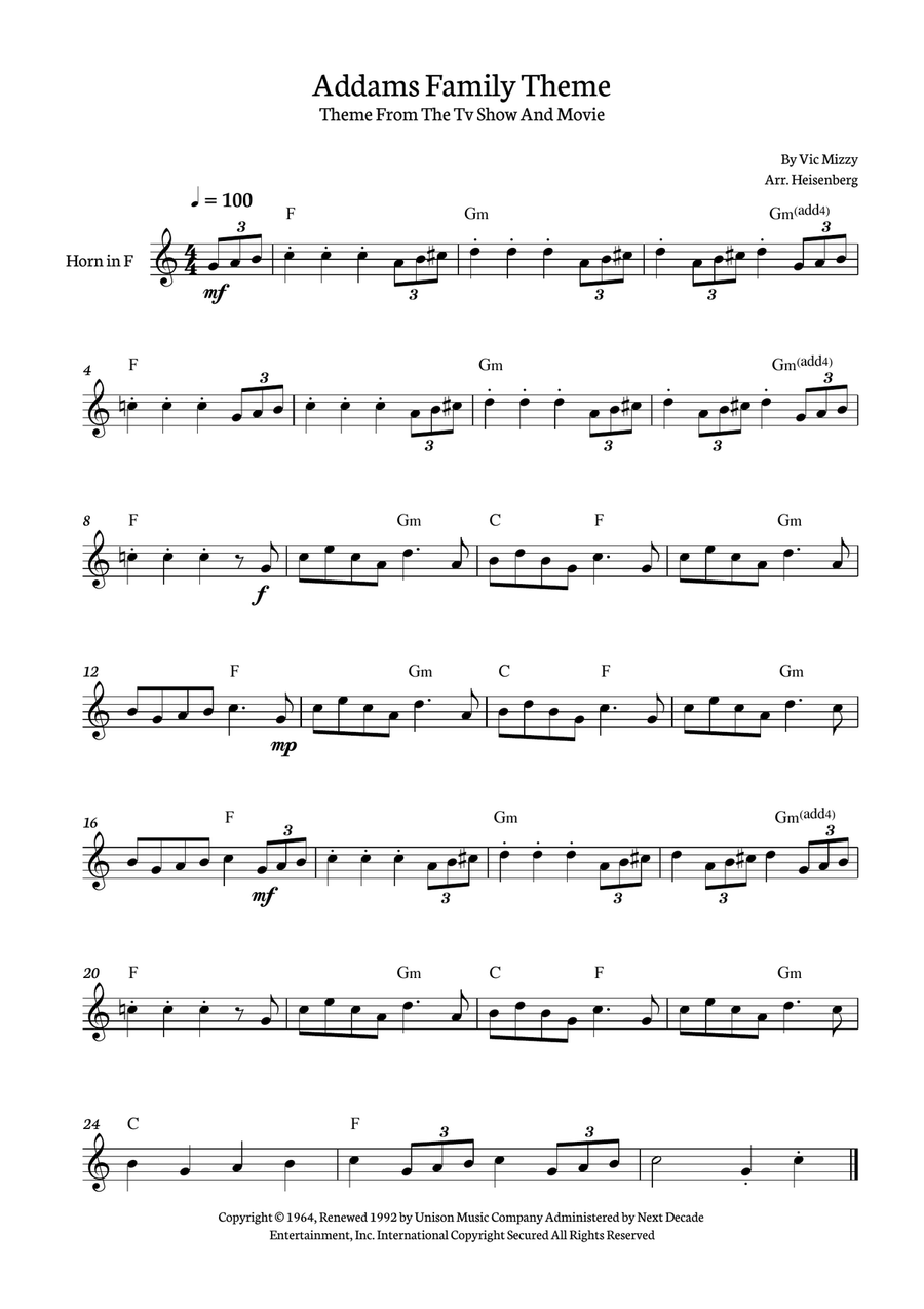 Addams Family Theme Addams Family Theme Horn Solo scores gallery preview page 1