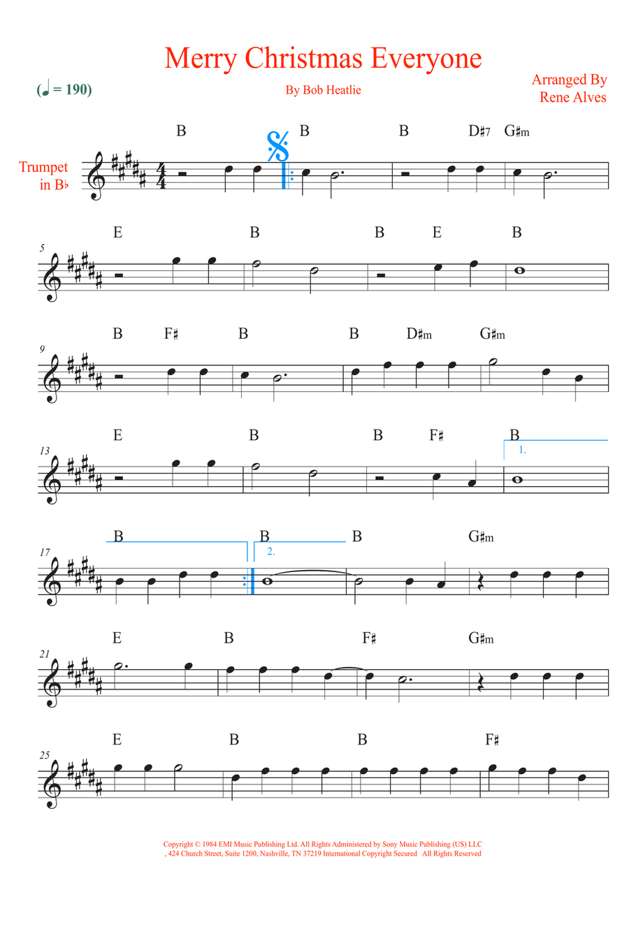 Merry Christmas Everyone B-Flat Trumpet scores gallery preview page 1