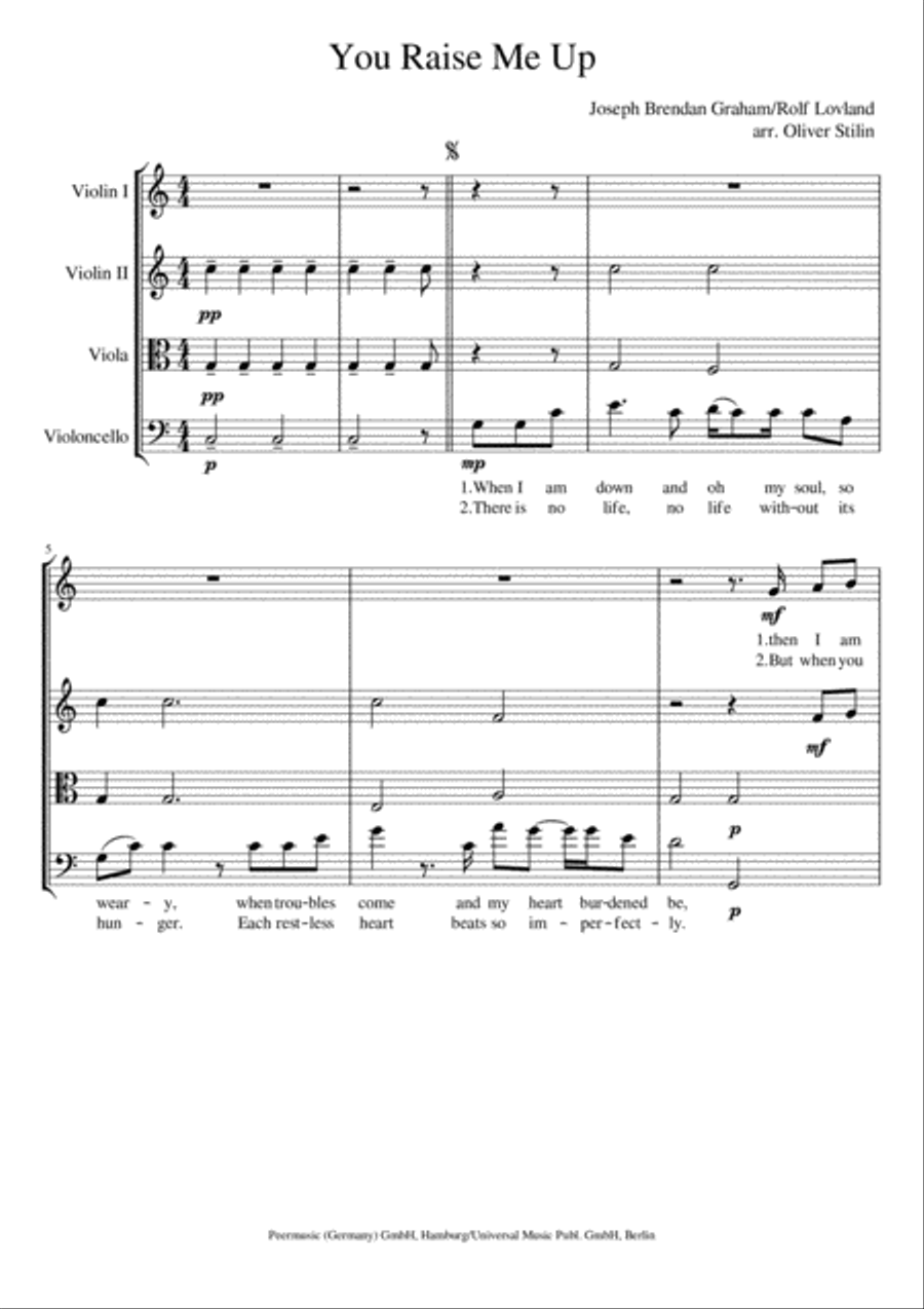 You Raise Me Up String Quartet scores gallery preview page 1