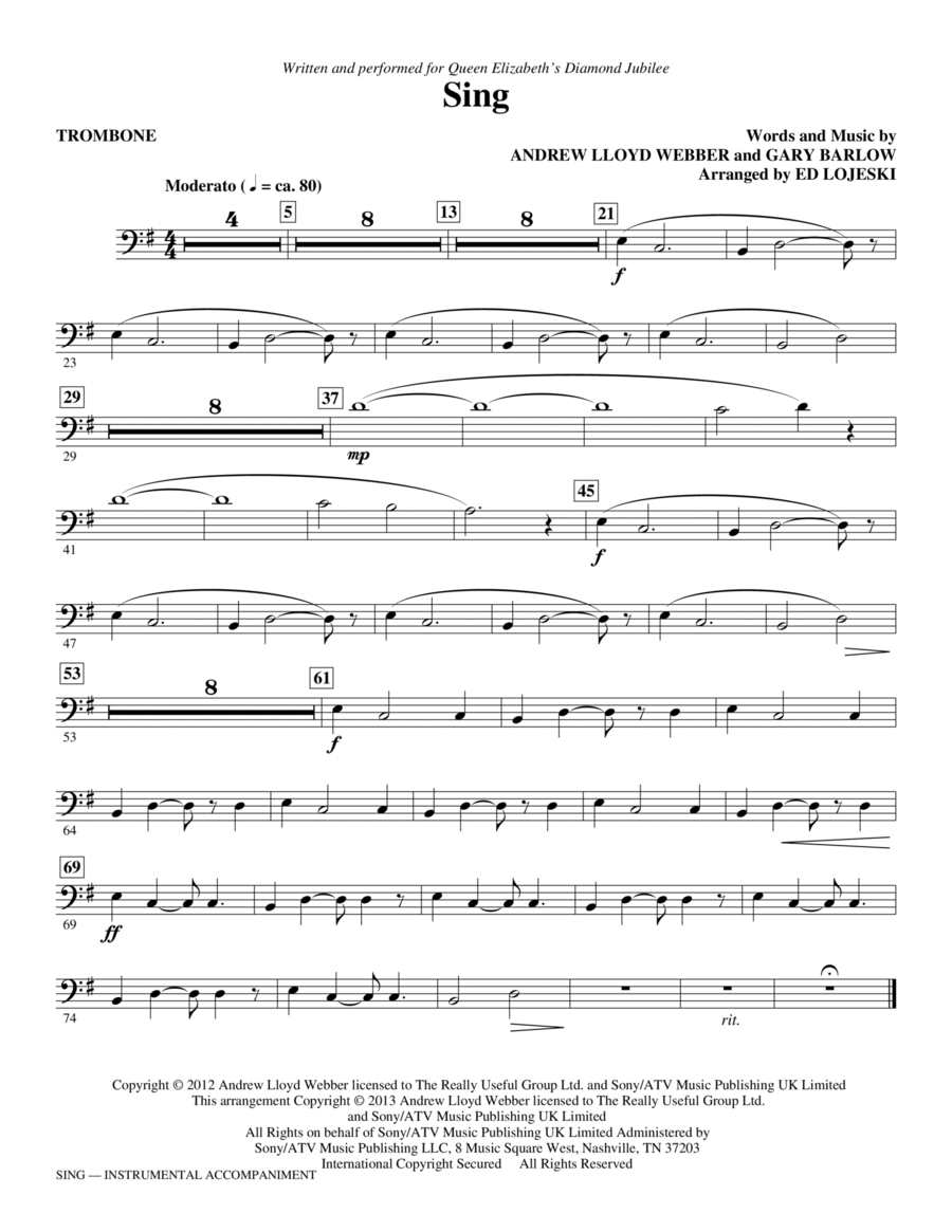 Sing (Queen Elizabeth Diamond Jubilee) - Trombone Choir scores gallery preview page 1