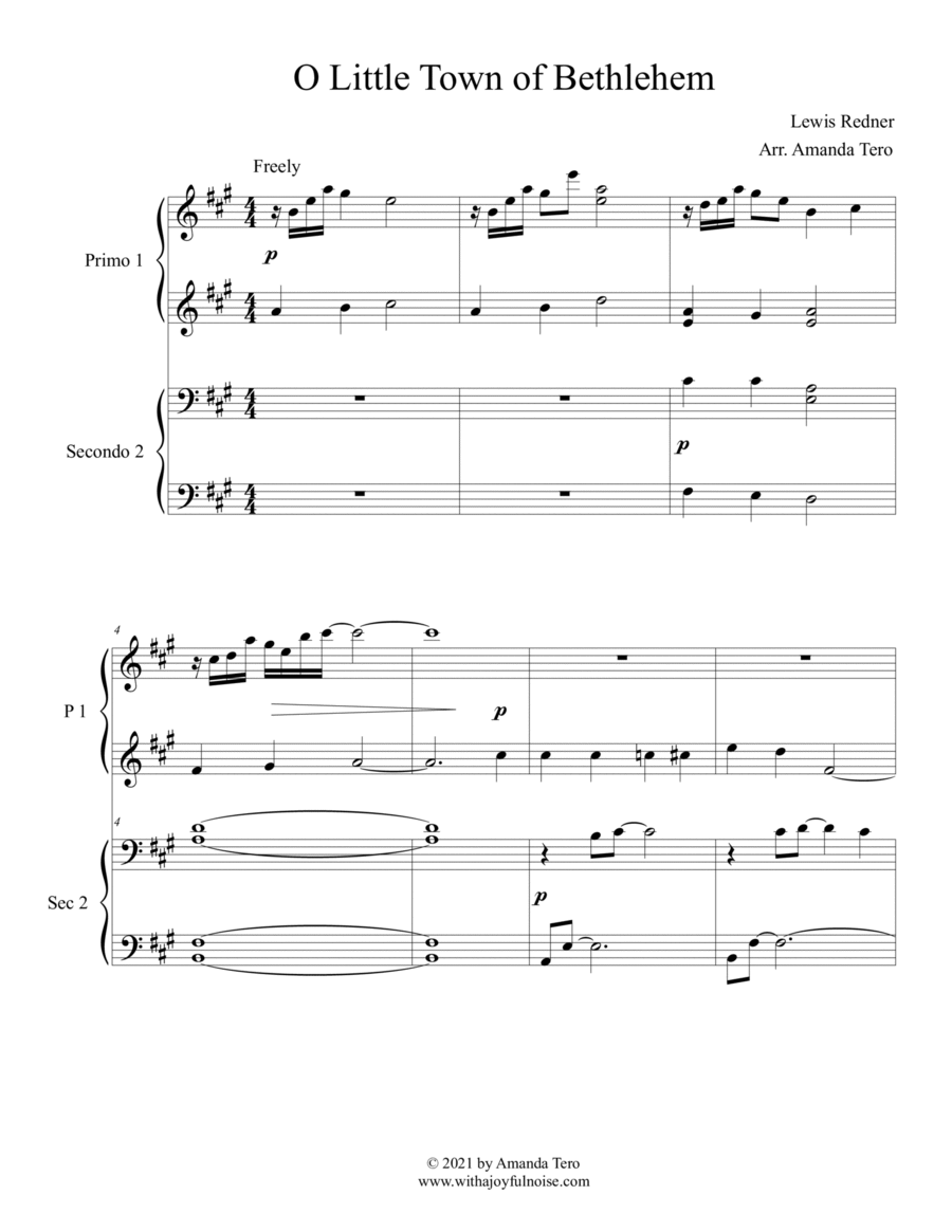 O Little Town Of Bethlehem – Early Advanced Christmas Piano Duet Sheet Music 1 Piano, 4-Hands scores gallery preview page 1