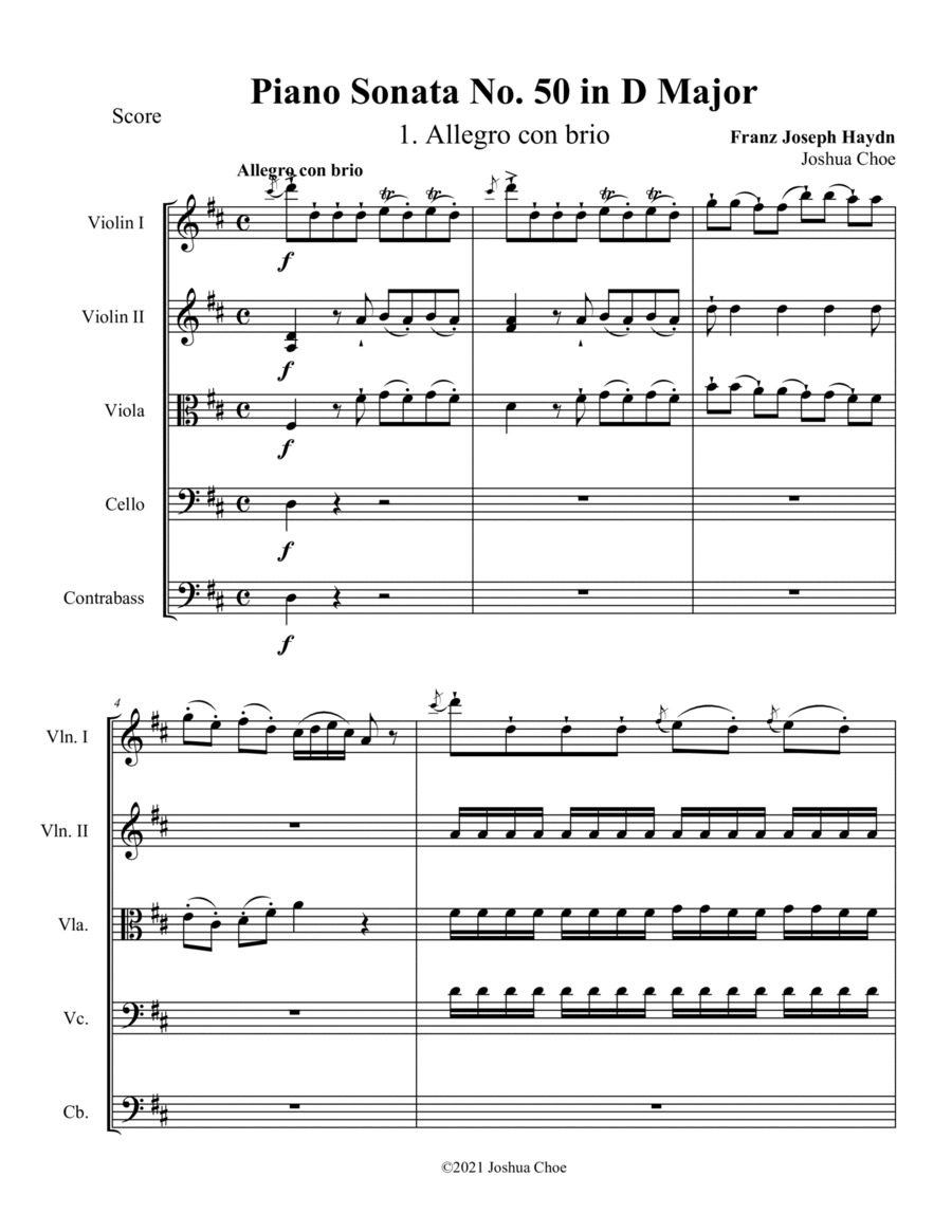 Piano Sonata in D major, Hob.XVI:37 String Orchestra scores gallery preview page 1