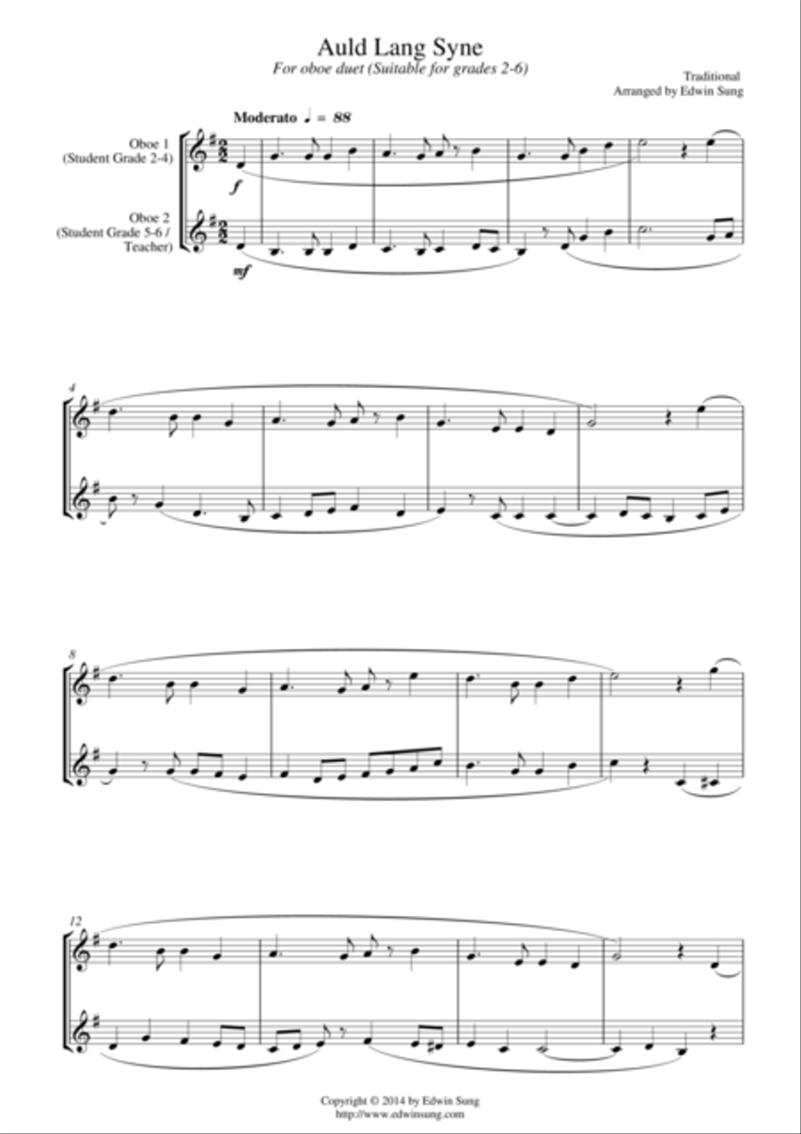 Auld Lang Syne (for oboe duet, suitable for grades 2-6) Oboe scores gallery preview page 1