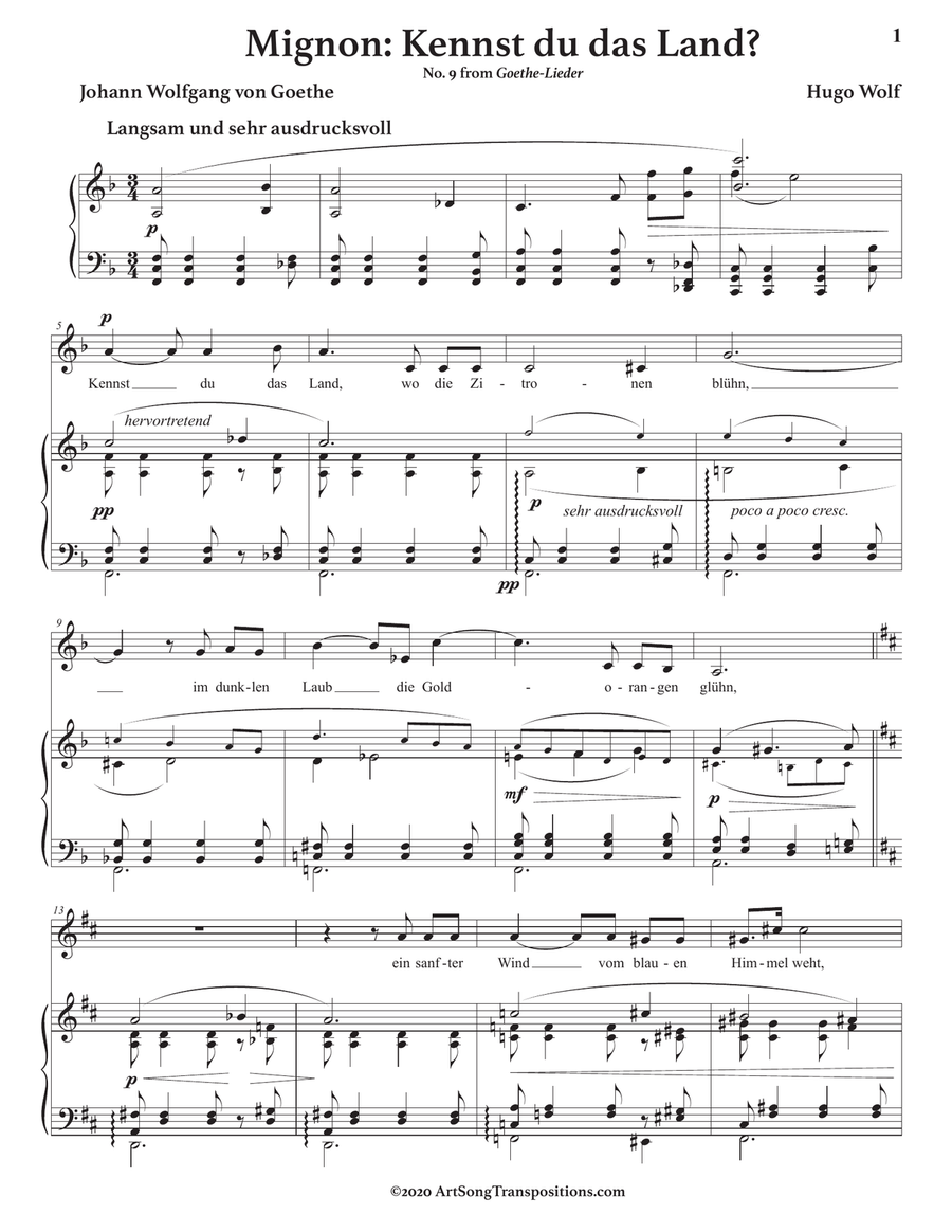 WOLF: Mignon: Kennst du das Land? (transposed to F major) Piano, Vocal scores gallery preview page 2