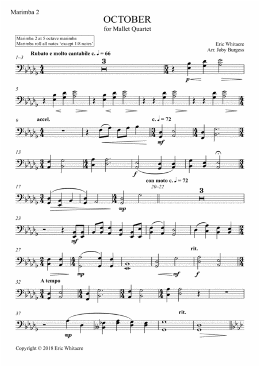 October (Alleluia) for Mallet Quartet (arr. Joby Burgess) - Marimba 2 Percussion Ensemble scores gallery preview page 1