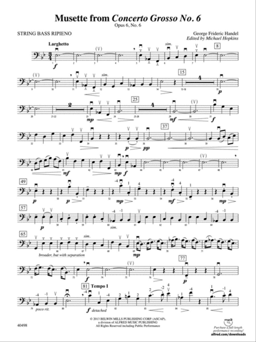 Musette from Concerto Grosso No. 6: Bass Ripieno String Orchestra scores gallery preview page 1