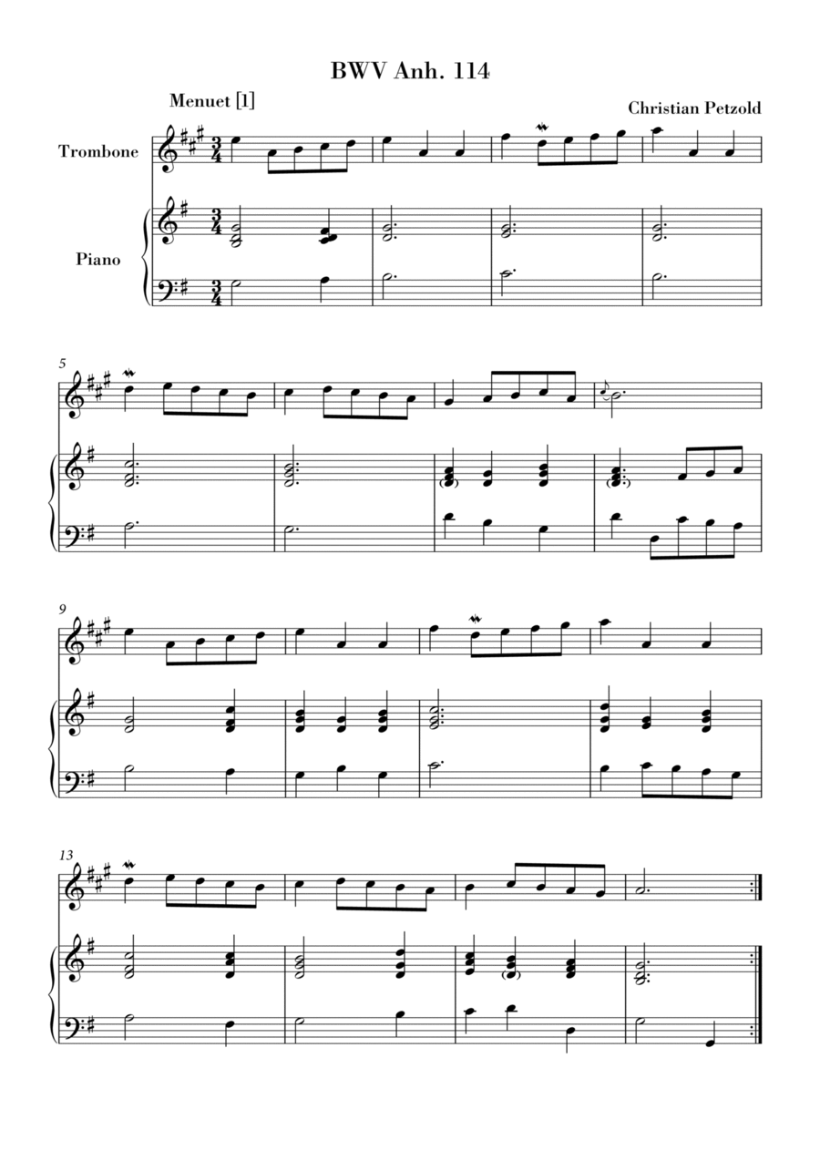 Bach - Minuet in G major and G minor (BWV Anh. 114 - 115) for Trombone and Piano Piano scores gallery preview page 1
