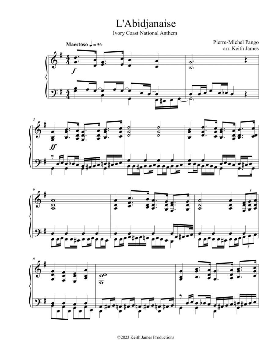 L'Abidjanaise (National Anthem Of Ivory Coast, côte d’Ivoire) Piano Solo scores gallery preview page 1