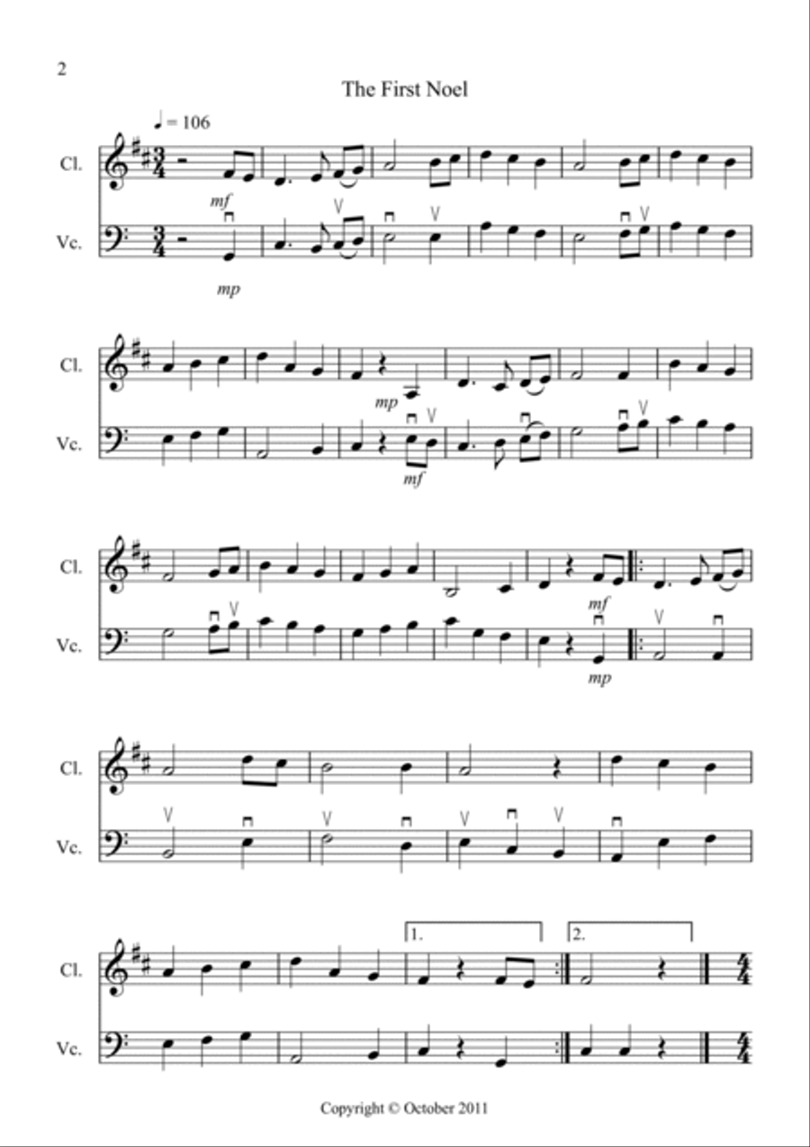 8 Easy Christmas Duets for Clarinet and Cello B-Flat Clarinet scores gallery preview page 2