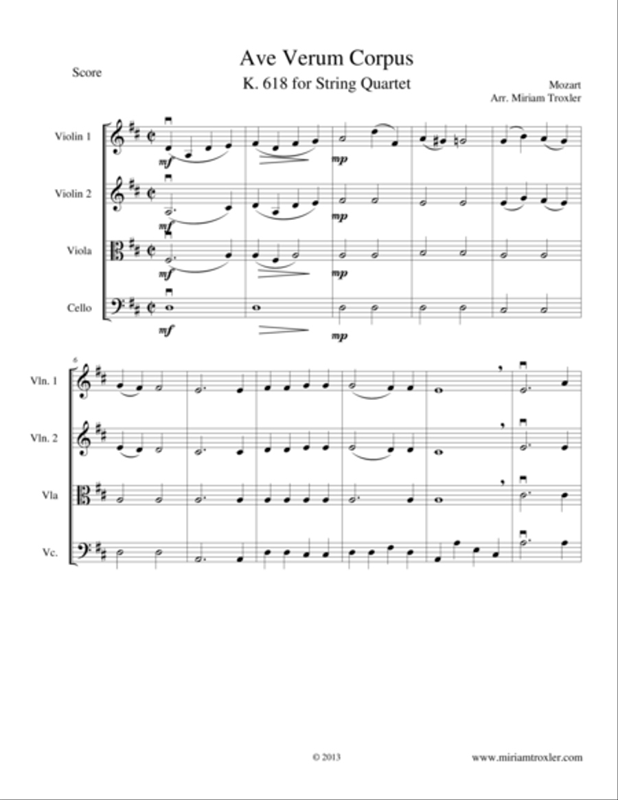 Ave Verum Corpus for String Quartet String Quartet scores gallery preview page 1