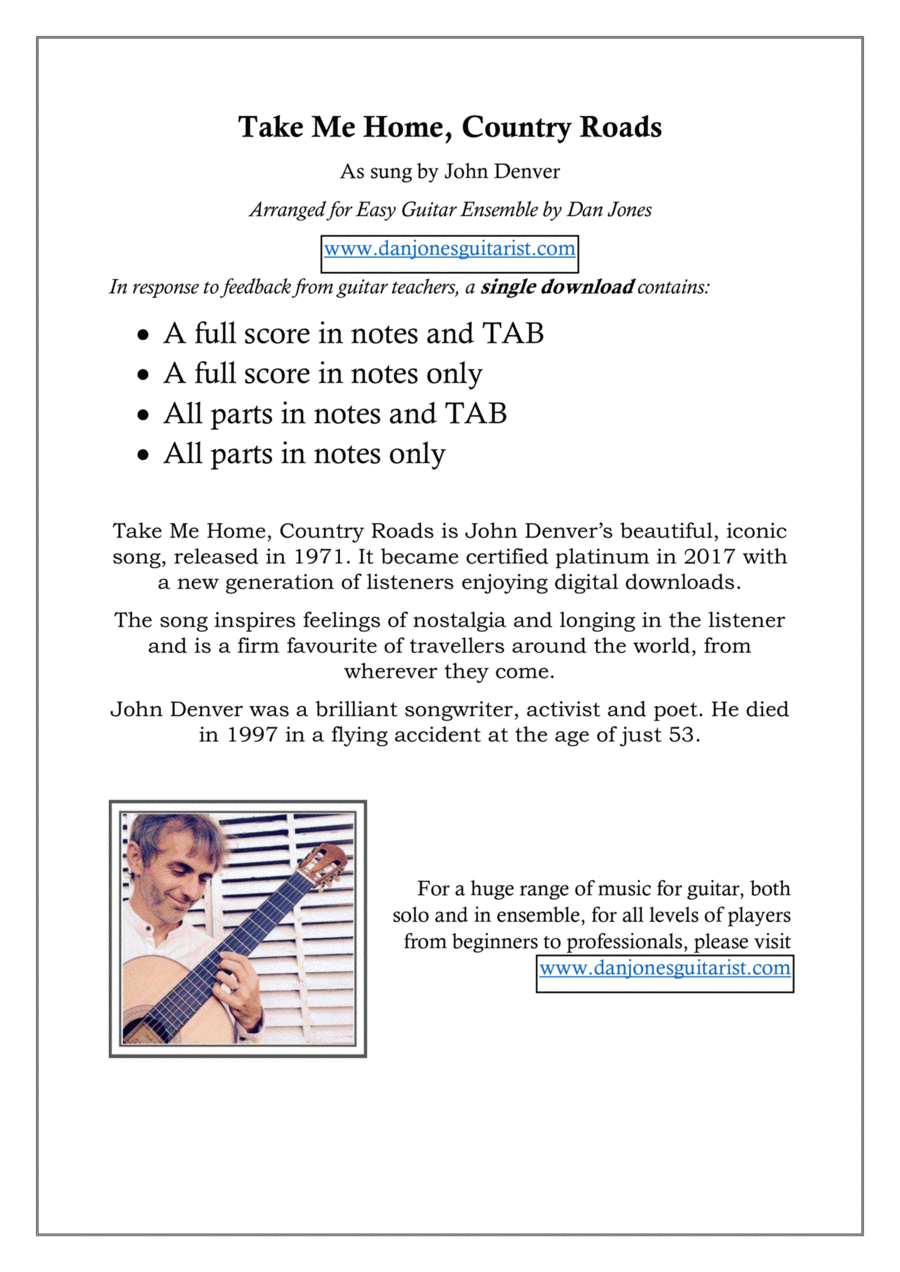 Take Me Home, Country Roads Guitar Ensemble scores gallery preview page 1