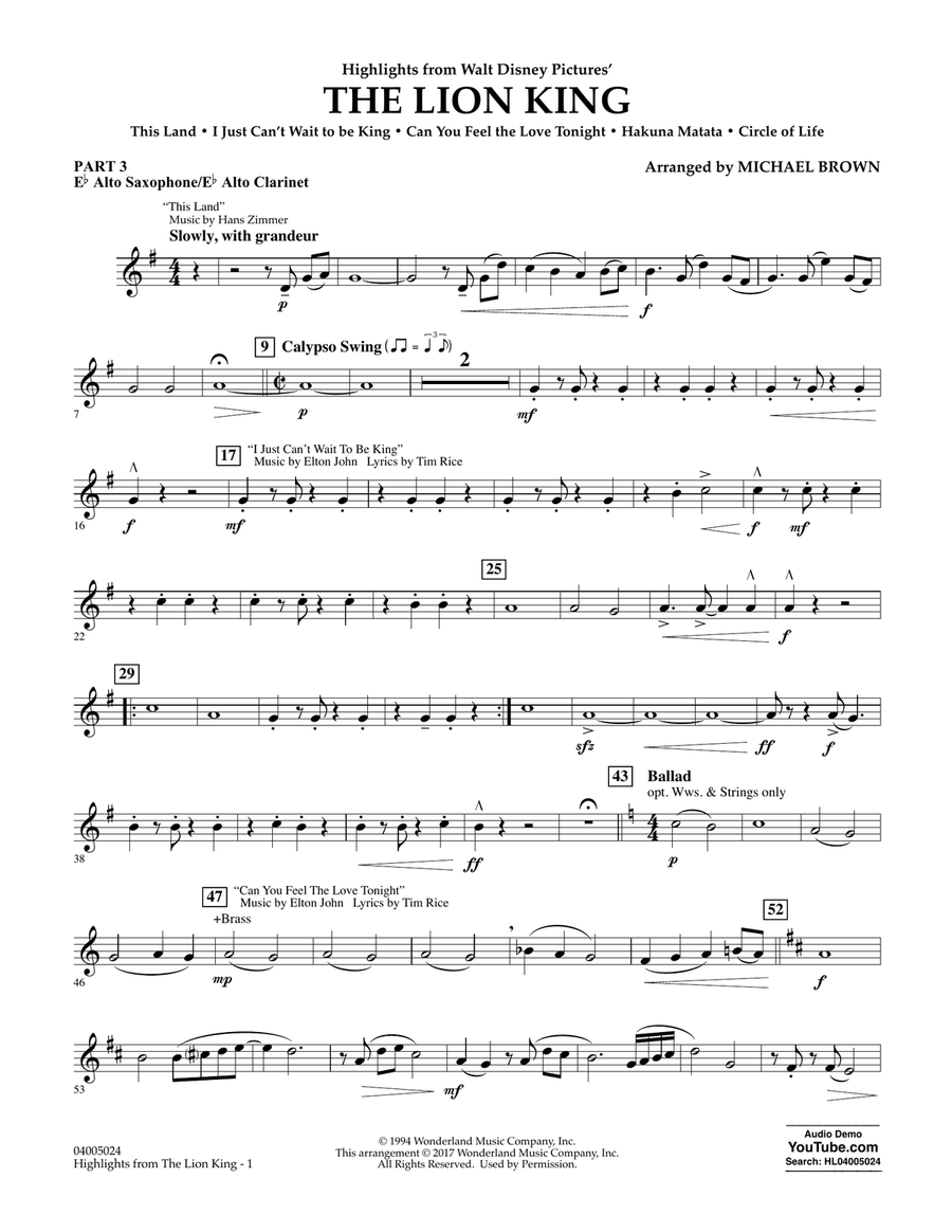 Highlights from The Lion King - Pt.3 - Eb Alto Sax/Alto Clar.
