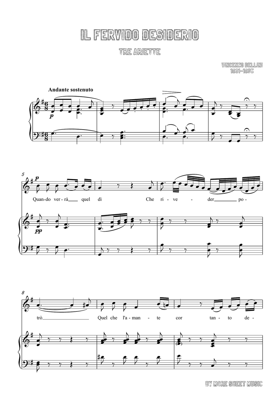 Bellini-Il fervido desiderio in G Major,for voice and piano by Vincenzo Bellini Piano, Vocal - Digital Sheet Music page 3