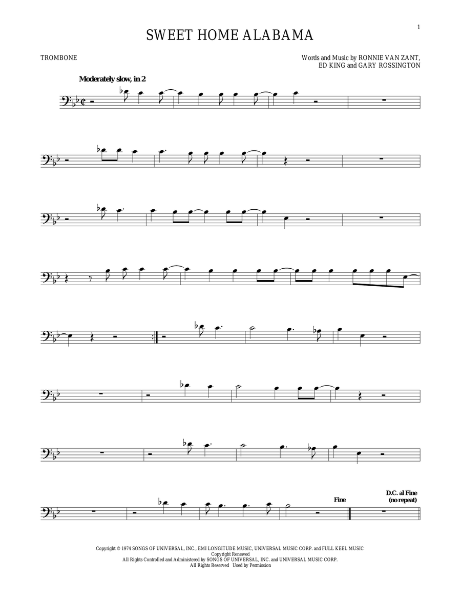 Sweet Home Alabama Sweet Home Alabama Trombone Solo scores gallery preview page 1