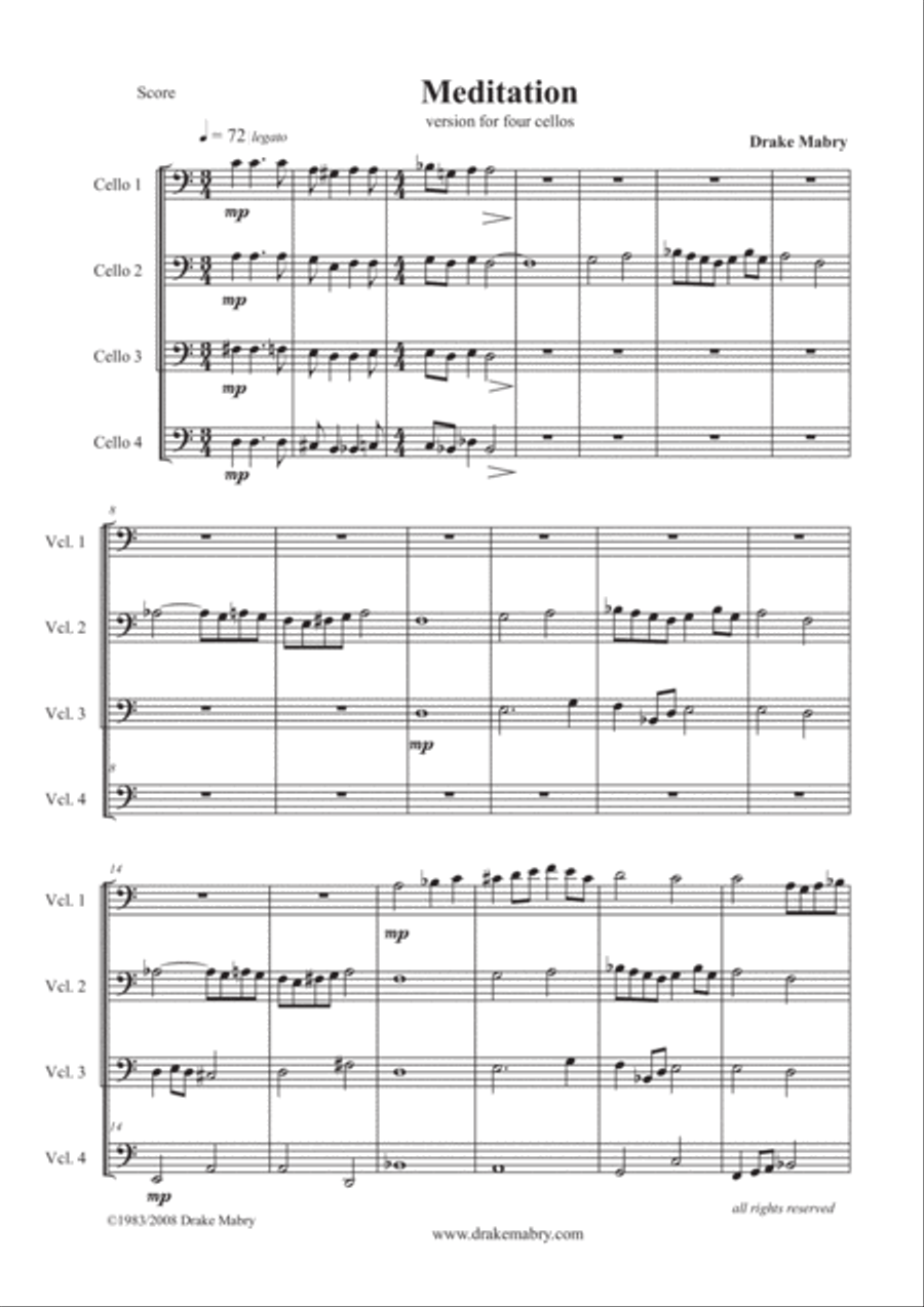 Meditation (Cello quartet) Cello scores gallery preview page 1