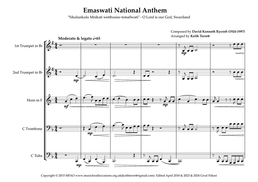 Eswatini (Swaziland) National Anthem for Brass Quintet Brass Quintet scores gallery preview page 2