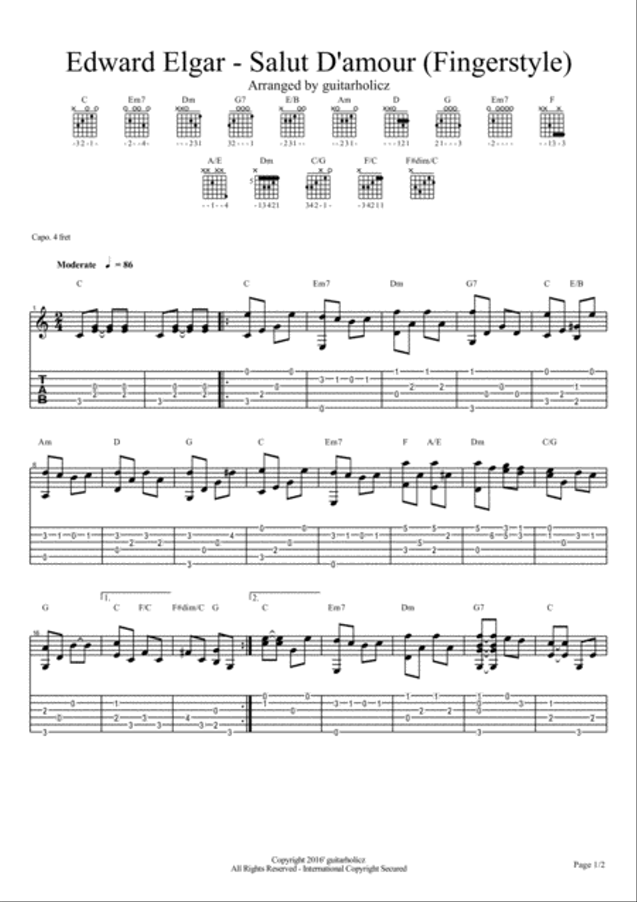 Salut D'amour (greeting To Love) Guitar Tablature scores gallery preview page 1