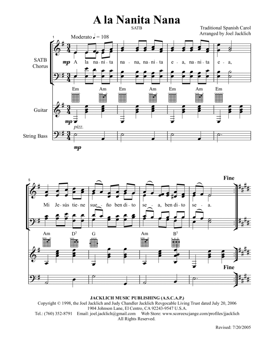 A la Nanita Nana for SATB Chorus Guitar, and Bass 4-Part scores gallery preview page 1