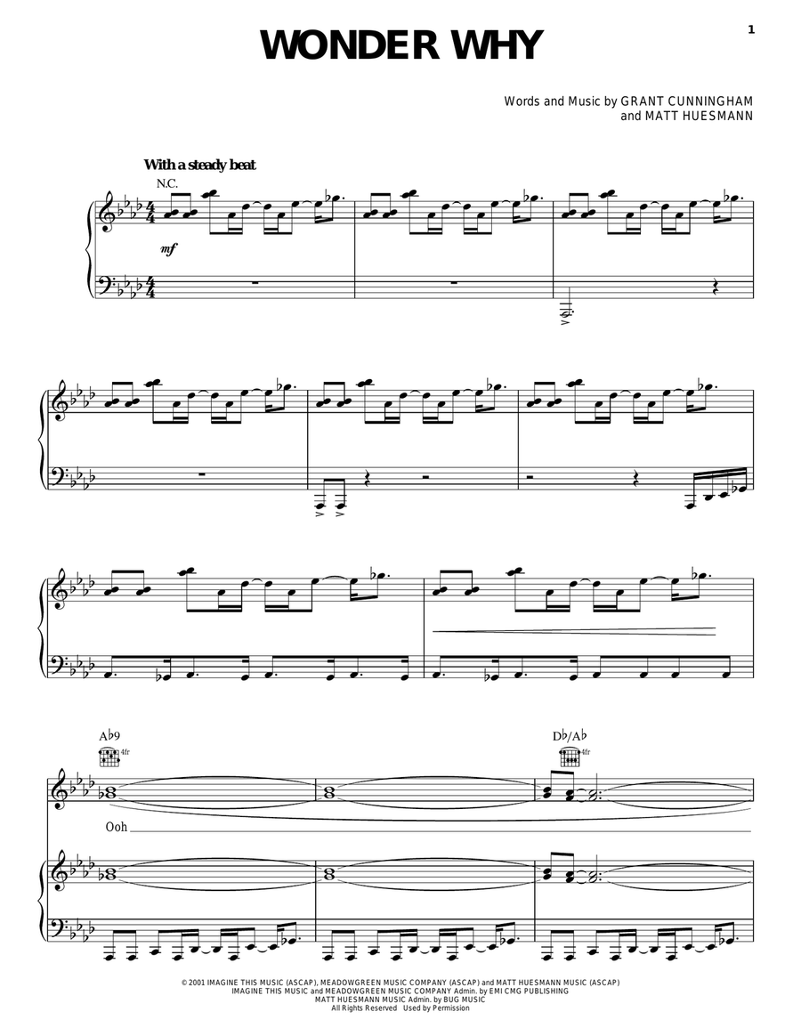 Wonder Why Piano, Vocal, Guitar scores gallery preview page 1