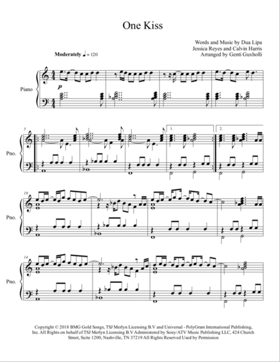 One Kiss Piano Solo scores gallery preview page 2