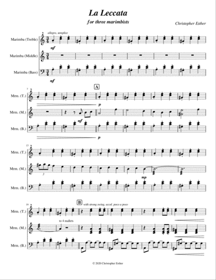 La Leccata (for three marimbists) Marimba scores gallery preview page 1