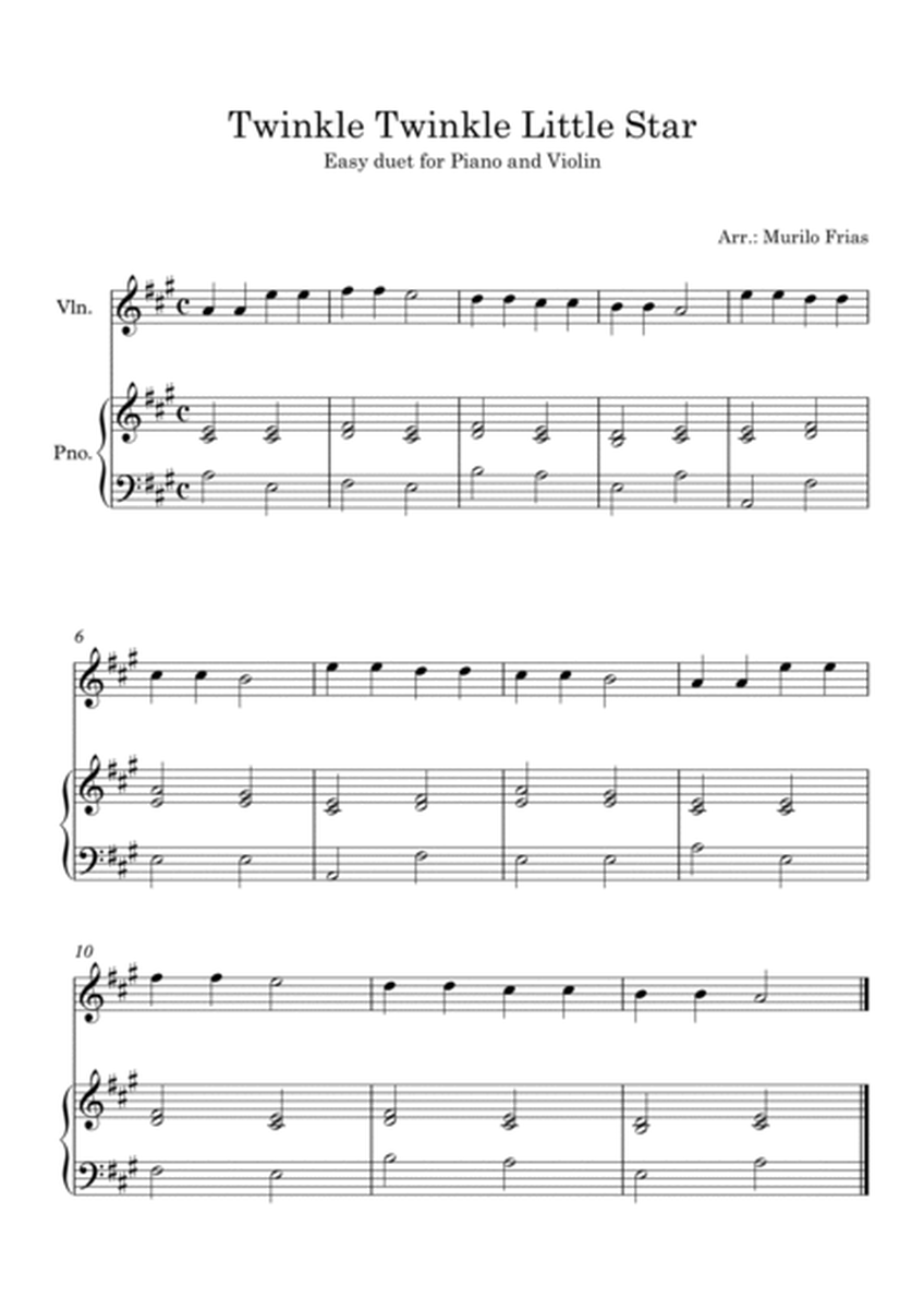 Twinkle Twinkle Little Star - Easy Duet for Piano and Violin in A Major image number null