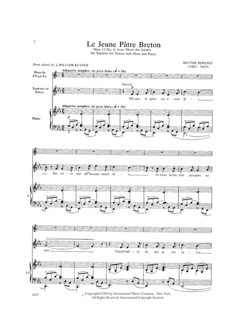 Le Jeune Patre Breton, Op. 13, No. 4. for Soprano (or Tenor) with Horn & Piano (F.)