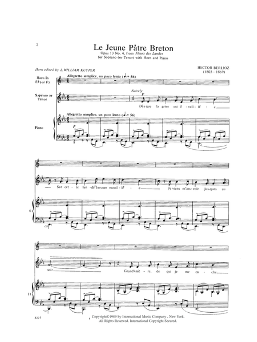 Le Jeune Patre Breton, Op. 13, No. 4. for Soprano (or Tenor) with Horn & Piano (F.)