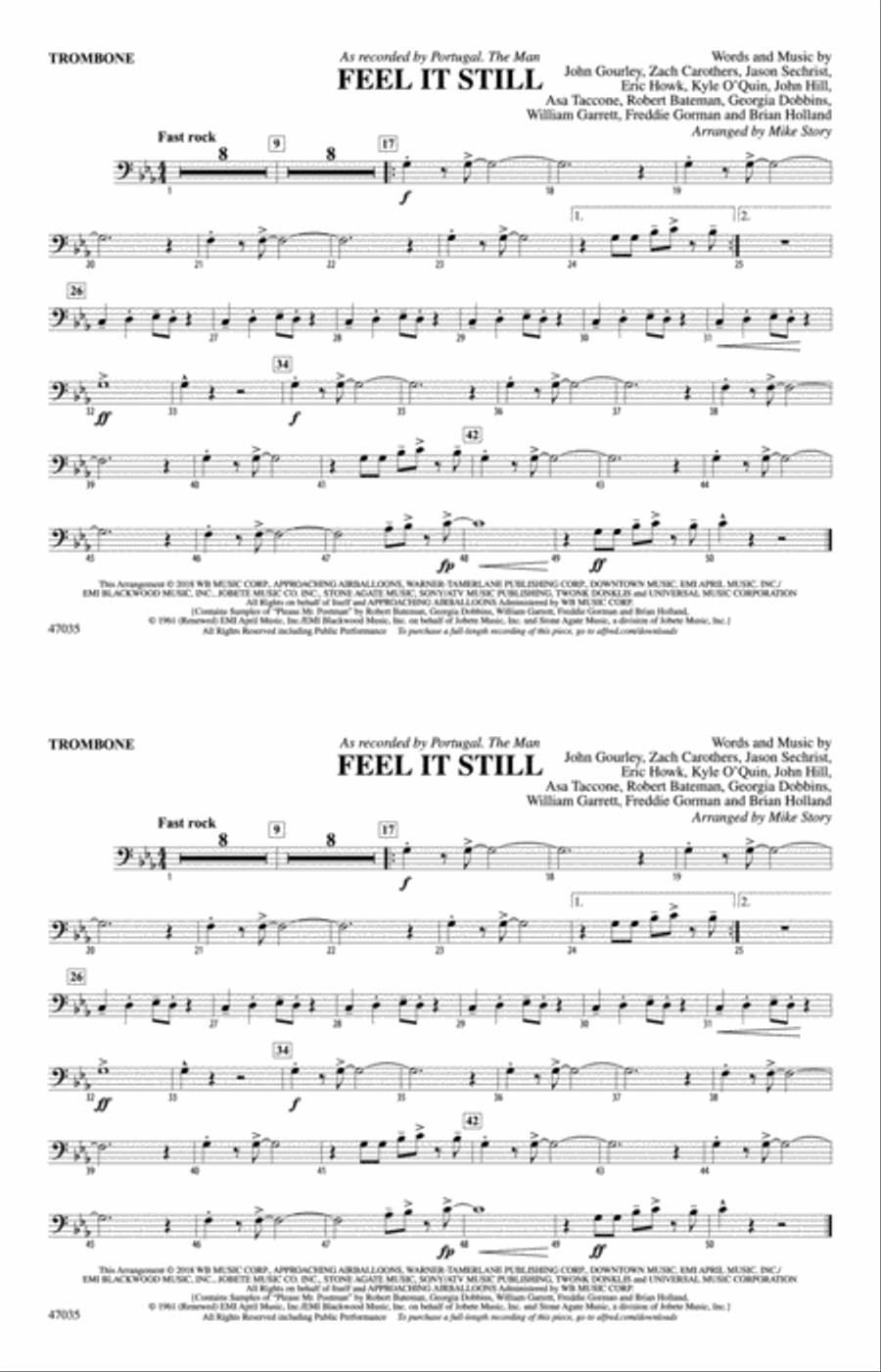 Feel It Still: 1st Trombone Marching Band scores gallery preview page 1