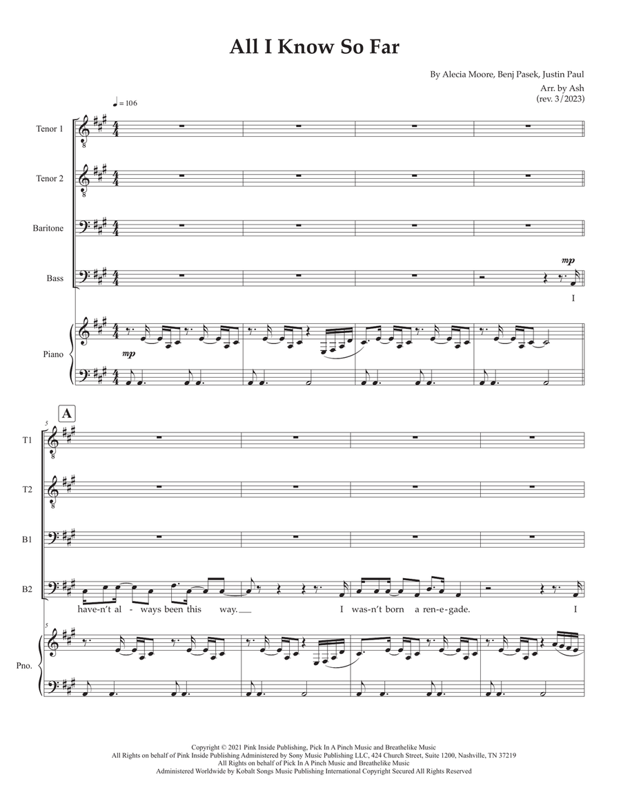 All I Know So Far TTBB scores gallery preview page 1